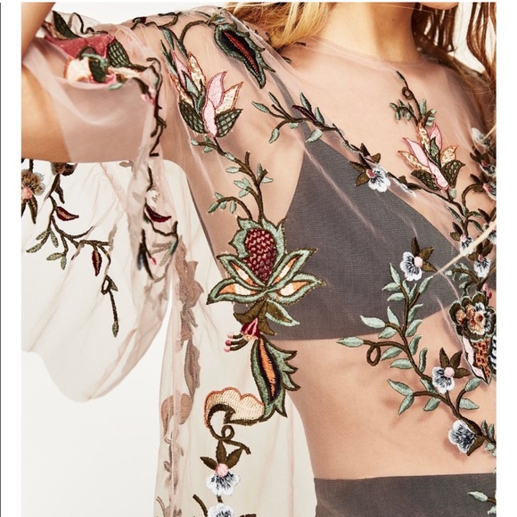Zara Mesh Floral Embroidered Top - Picture 2 of 10